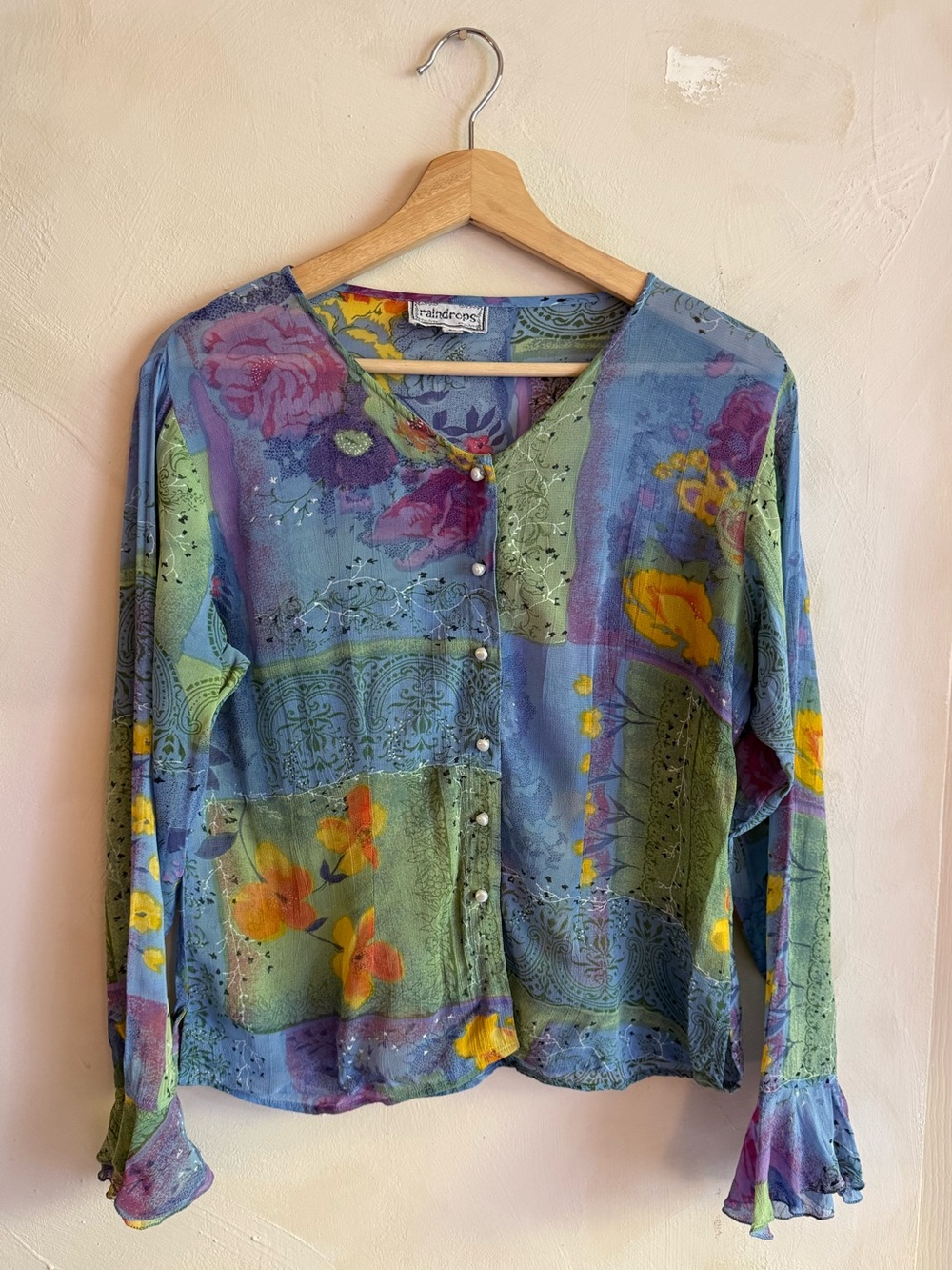 Vintage 90s | Raindrops | Floral Hippie Blouse | L Sheer Rayon Bell Sleeve Boho